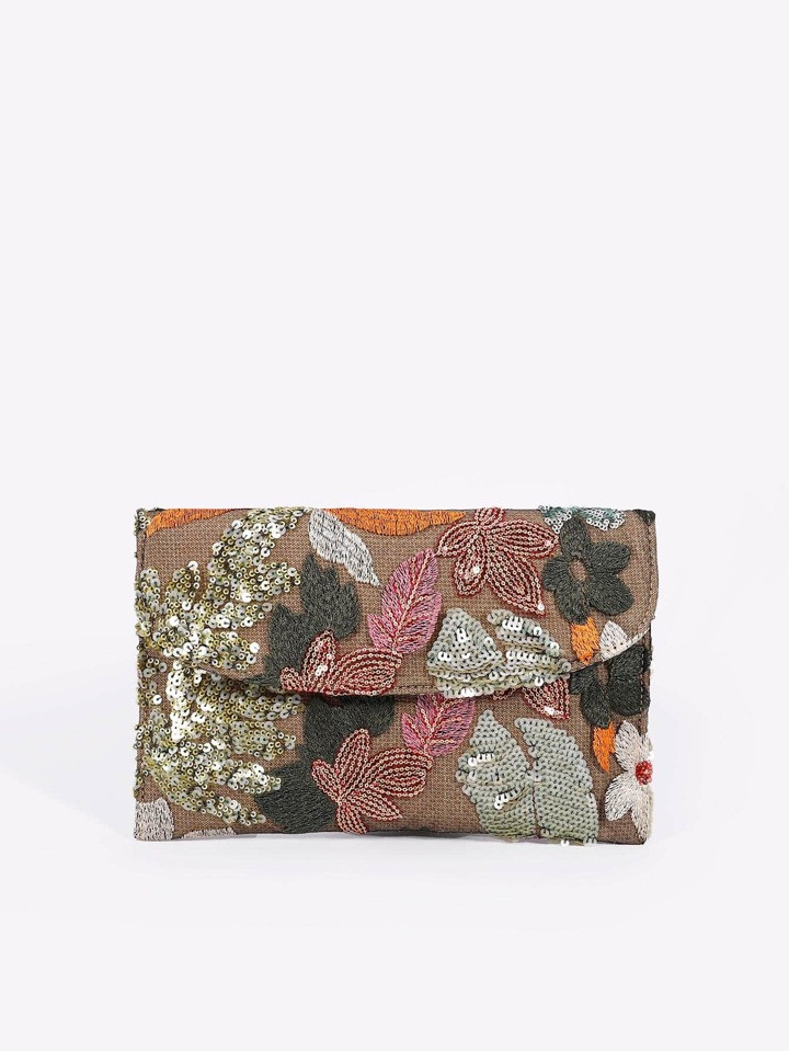 Medium Flap Envelope Bag Fashionable Sequin Decor Leaf Embroidered | SHEIN