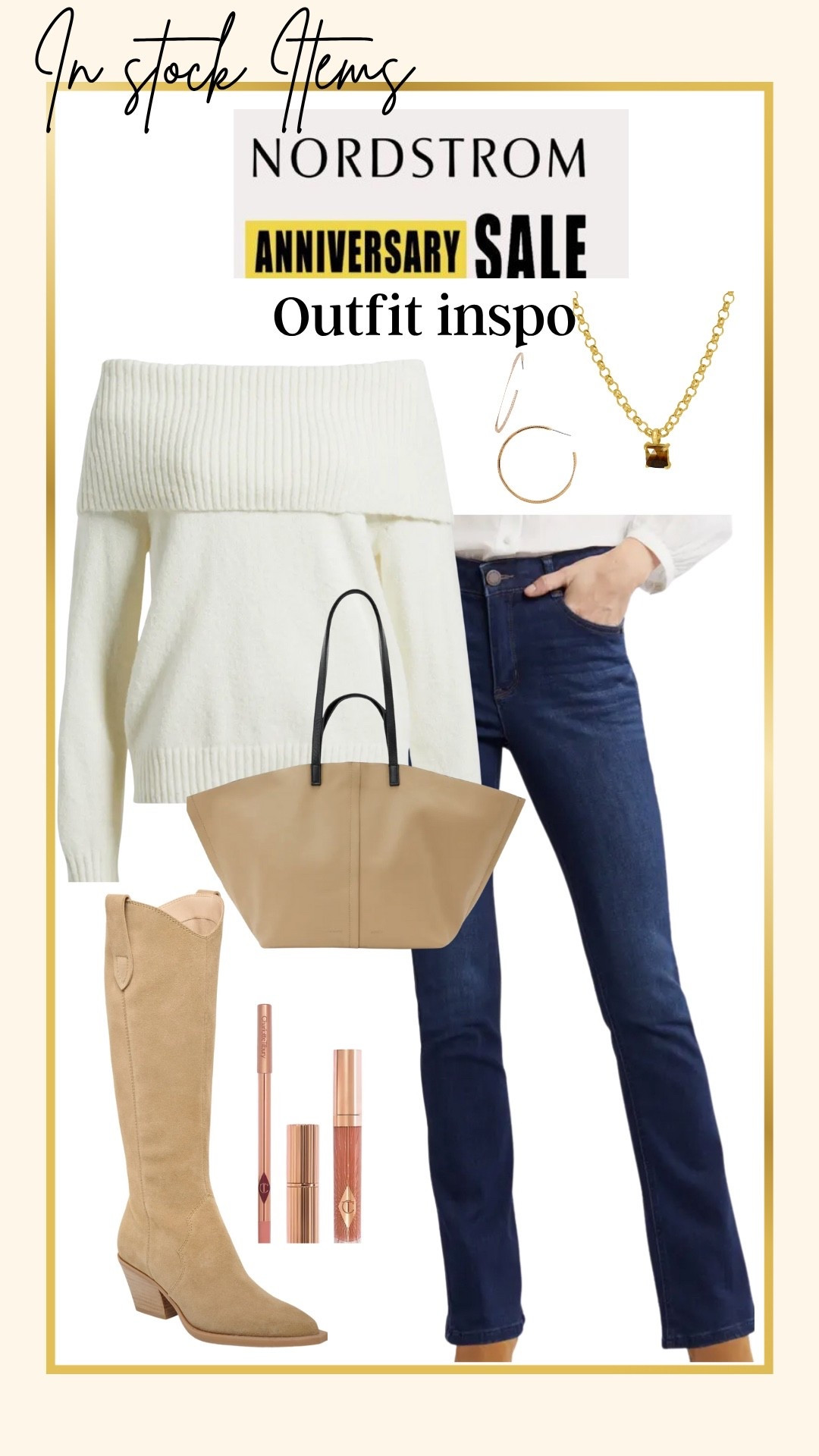 🚨sale Alert
Nordstrom Anniversary sale
Items still in stock, I highly recommend.

This darling off the shoulder winter white sweater tts under $40 I got tts 

Wit and wisdom it
with ab control, have stretch and feel like premium denim $58 

Dolce vote suede boot with potted toe 

A great camel tote bag 

Charlotte tilbury lip set pillow talk 

Gold hoops 

Gold and brown stone necklace 
By Dean Davidson 



#LTKFindsUnder100 #LTKOver40 #LTKSaleAlert