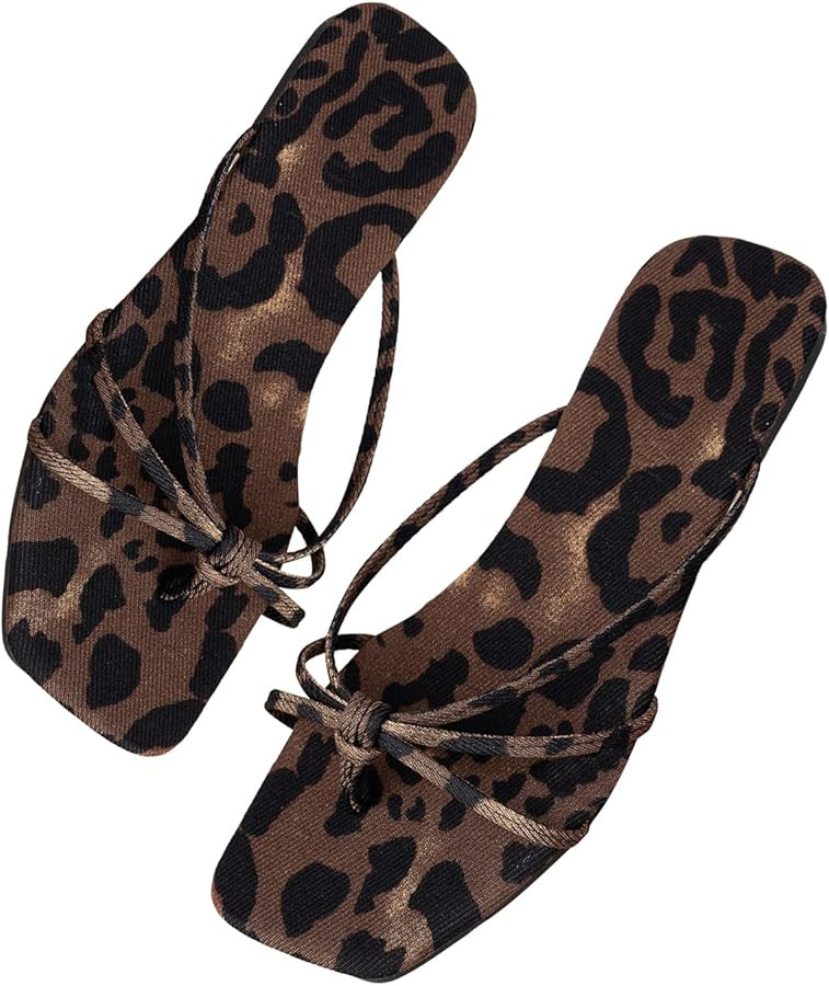 GORGLITTER Women's Leopard Cheetah Print Flip Flops Square Open Toe Strappy Dressy Flat Sandals S... | Amazon (US)