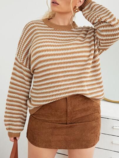 Plus Striped Drop Shoulder Sweater | SHEIN