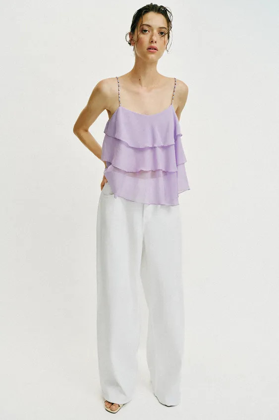 RUFFLED BEADED STRAP TOP | Zara UK