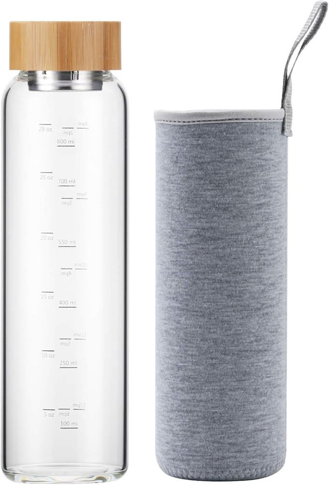 sunkey Glass Water Bottle 32 oz Wide Mouth with Sleeve Bamboo Lid 1 Litre Motivational Water Bott... | Amazon (US)