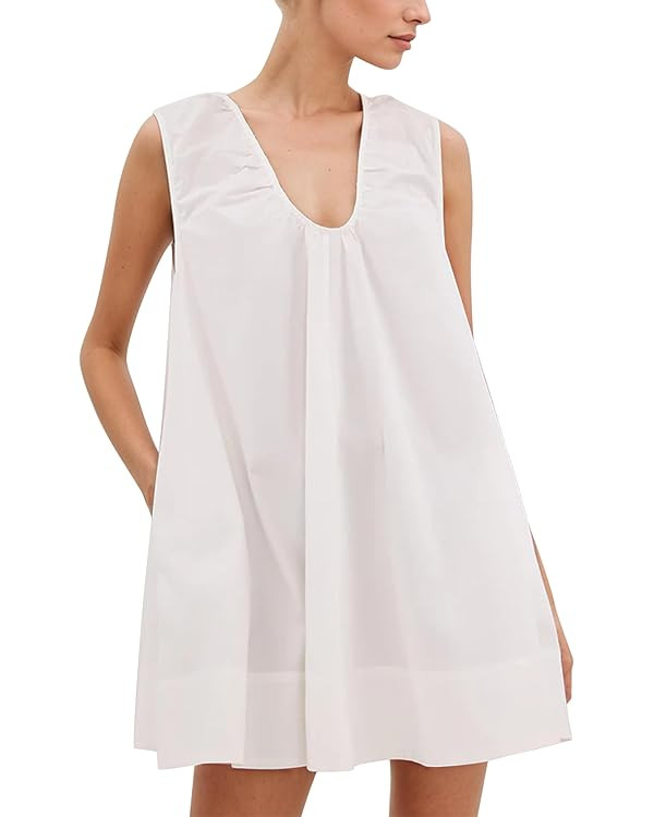 MISSACTIVER Women's Sleeveless Babydoll Tank Mini Dress Scoop Neck Ruched Short Dress with Side P... | Amazon (US)