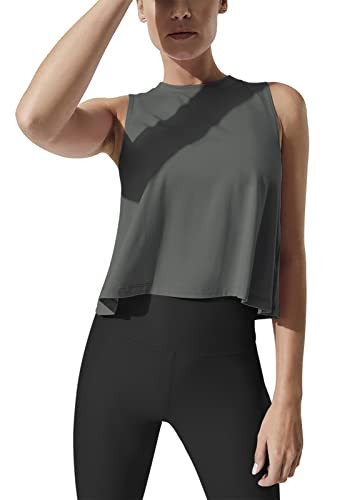 Mippo Crop Tops for Women Workout Tank Sleeveless Tank Workout Shirts Athletic Tops Cropped Tshirts Loose Fit Dark Gray XS | Amazon (US)