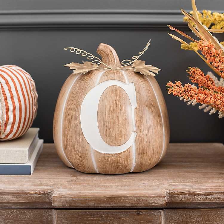 Neutral and White Monogram C Pumpkin with Leaves | Kirkland's Home