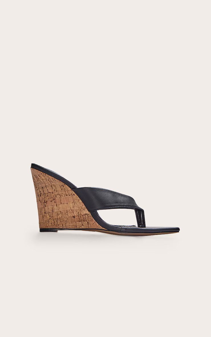 Black Pu Round Toe Thong Heeled Wedges | PrettyLittleThing US