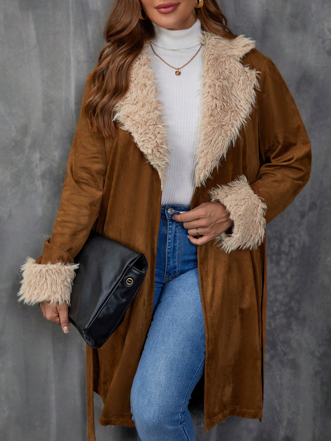 SHEIN LUNE Plus Fuzzy Trim Belted Coat3.00(2) | SHEIN