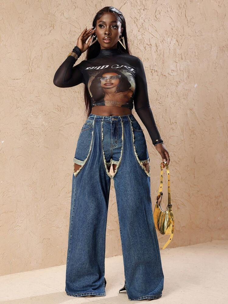 Slaydiva Women Fashion Patchwork Fringe Cutout Wide Leg Loose Casual Jeans Pants | SHEIN