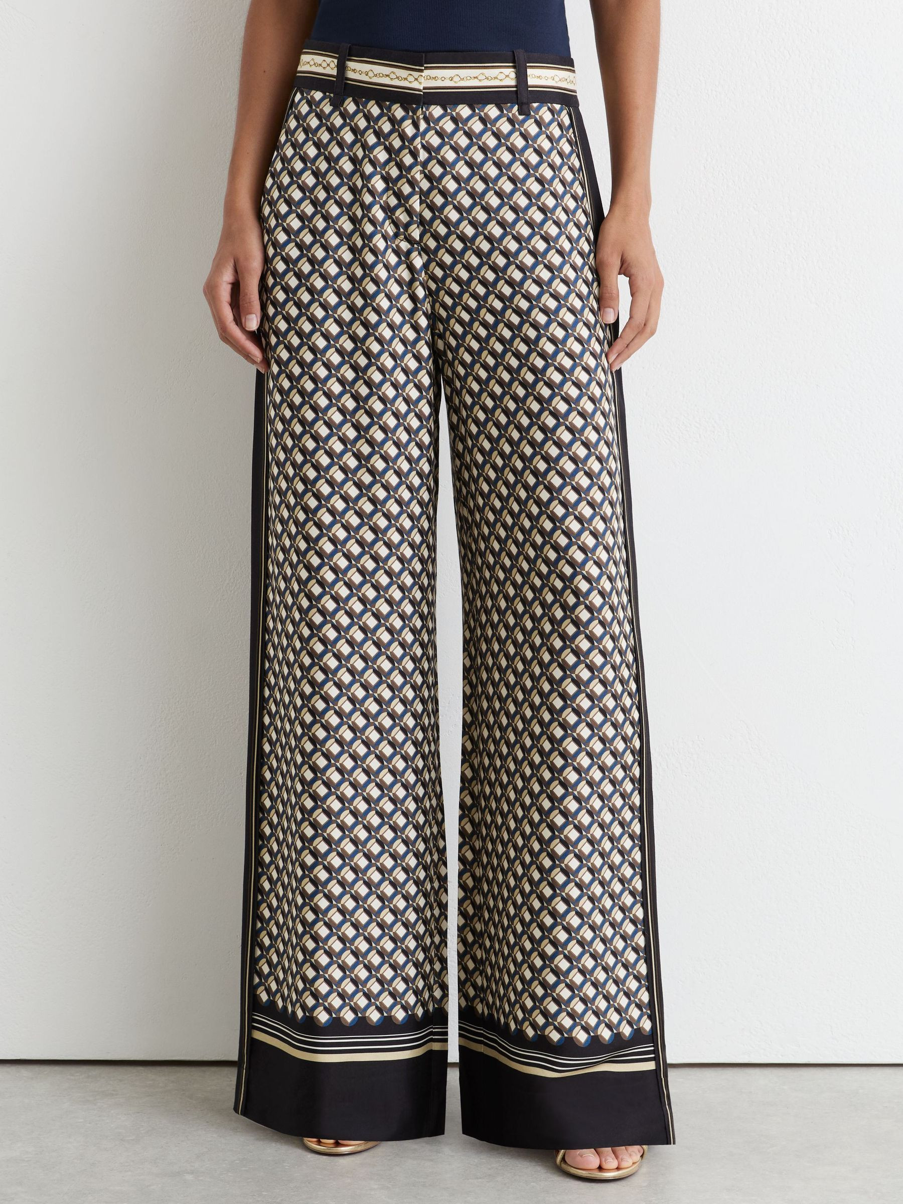 Reiss Scarf-Print Wide-Leg Trousers in Navy/Gold - REISS | Reiss UK