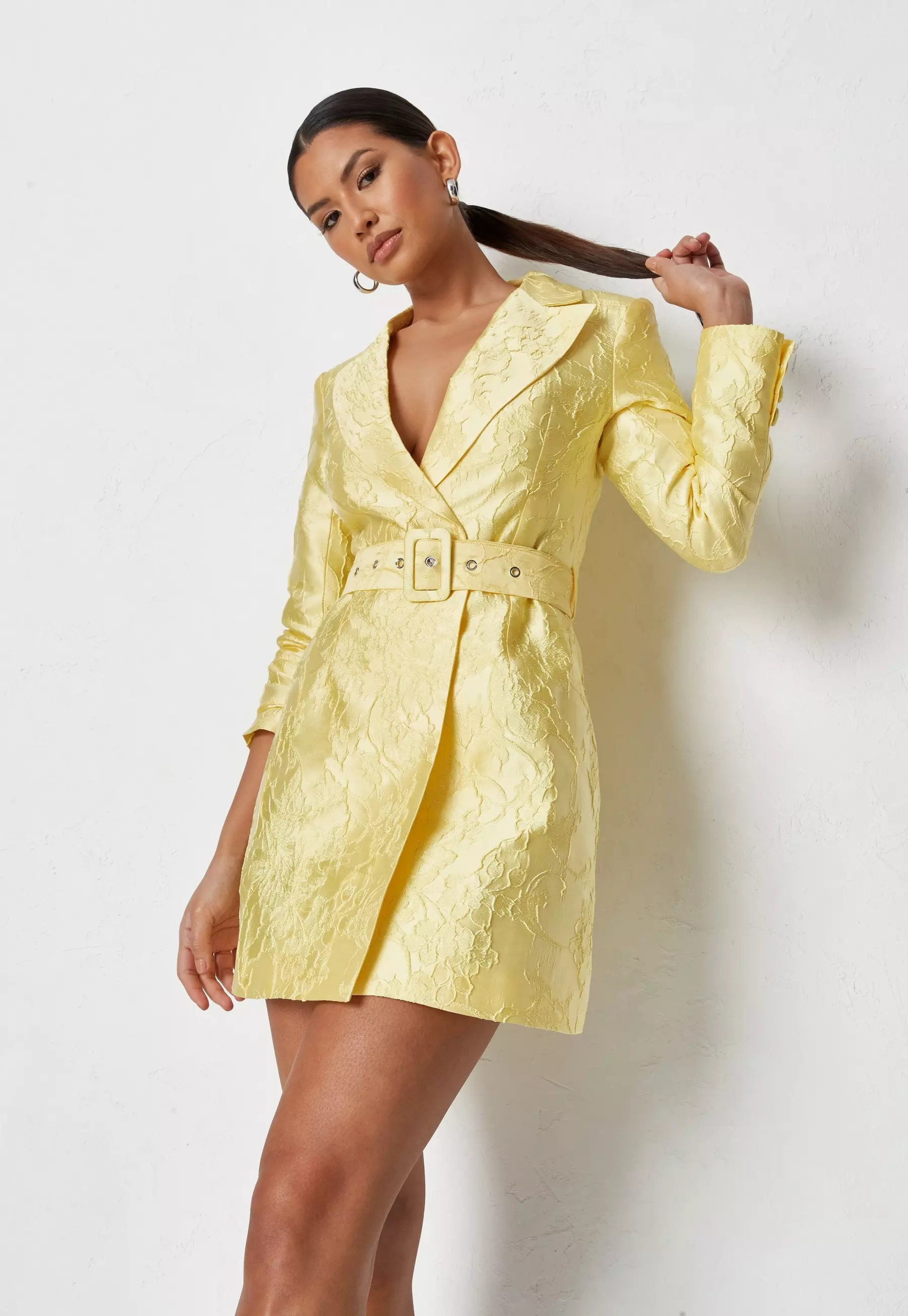 Missguided - Yellow Jacquard Belted Blazer Dress | Missguided (US & CA)