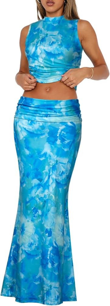 Skirt Sets Women 2 Piece Outfits - Sexy Two Pc Sleeveless Tank Crop Top Fold Over Maxi Long Skirt... | Amazon (US)