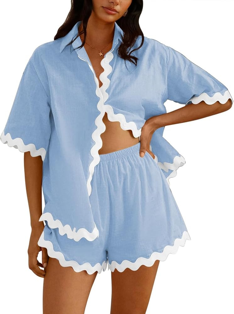 Fixmatti Women Two Piece Summer Sets Short Sleeve Button Down Shirts and Shorts Sets | Amazon (US)