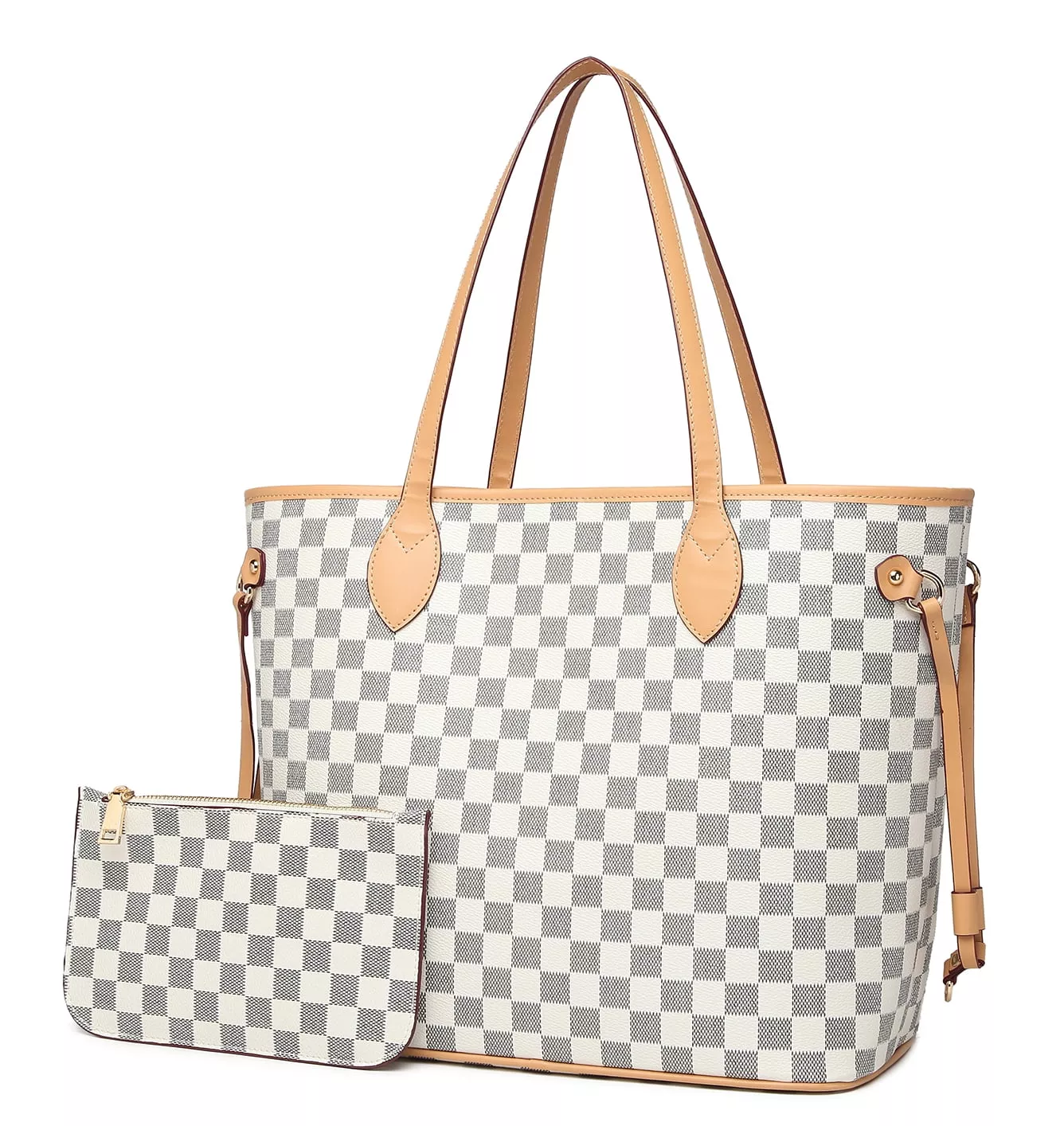 Womens Checkered Tote Shoulder Bag with inner pouch - PU Vegan