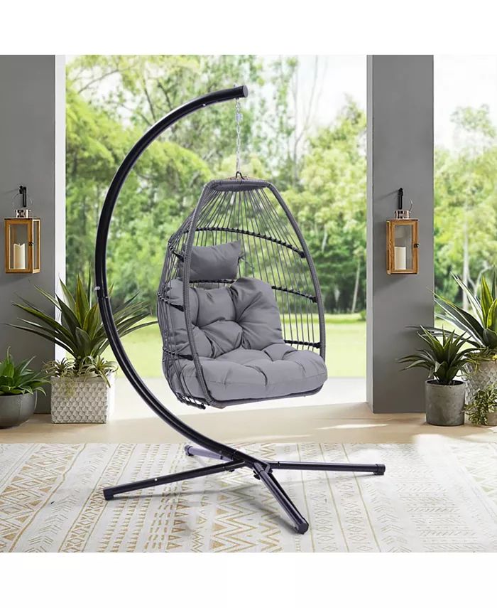 Outdoor Patio Wicker Folding Hanging Chair, Rattan Swing Hammock Egg Chair With C Type Bracket, W... | Macy's