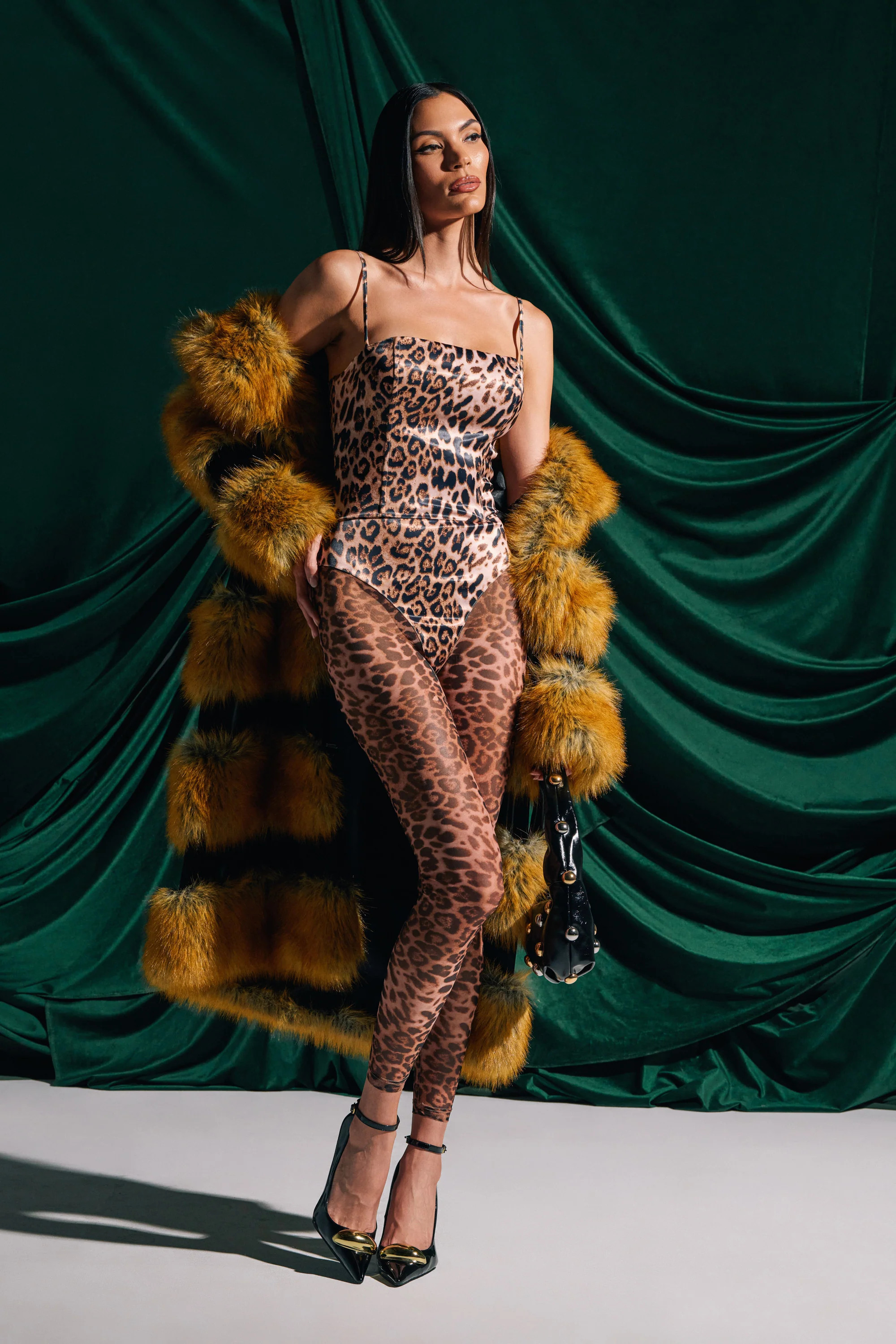 LENNON SATIN MESH PRINTED JUMPSUIT | AKIRA