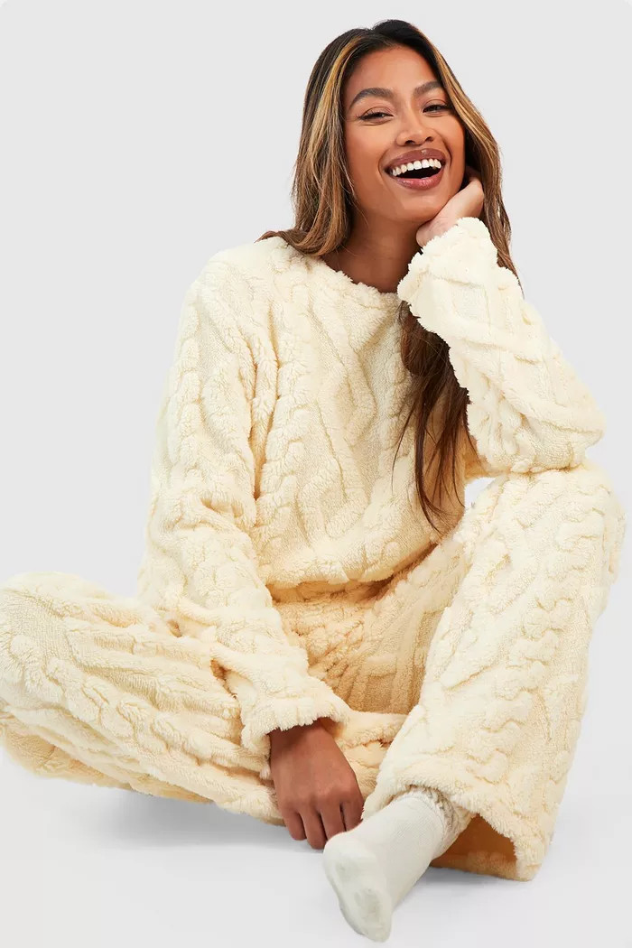 Cable Knit Fleece Lounge Sweatshirt | boohoo (US & Canada)