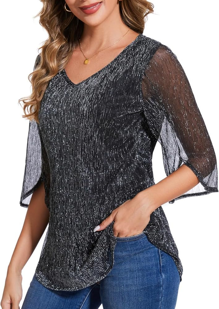 Women's 3/4 Sleeve Glitter Blouses Dressy Sparkly Double Layers Mesh Tunic Tops | Amazon (US)