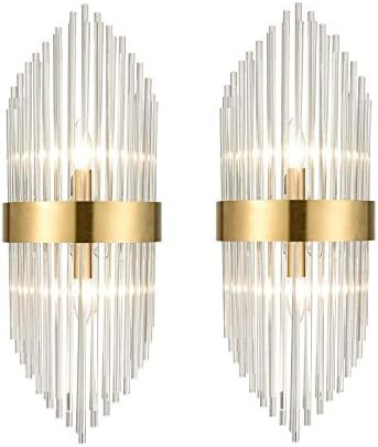 Mid Century Brass Glass Rods Wall Sconce 2 Pack Modern Luxury-Look Clear Glass Wall Lights Art De... | Amazon (US)
