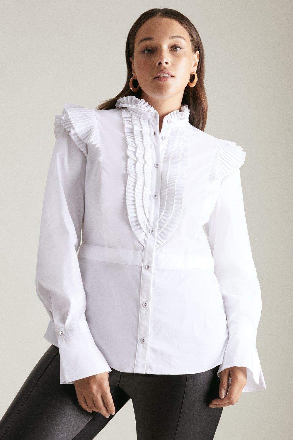 Curve Long Sleeve Pleated Ruffle Shirt | Karen Millen UK & IE