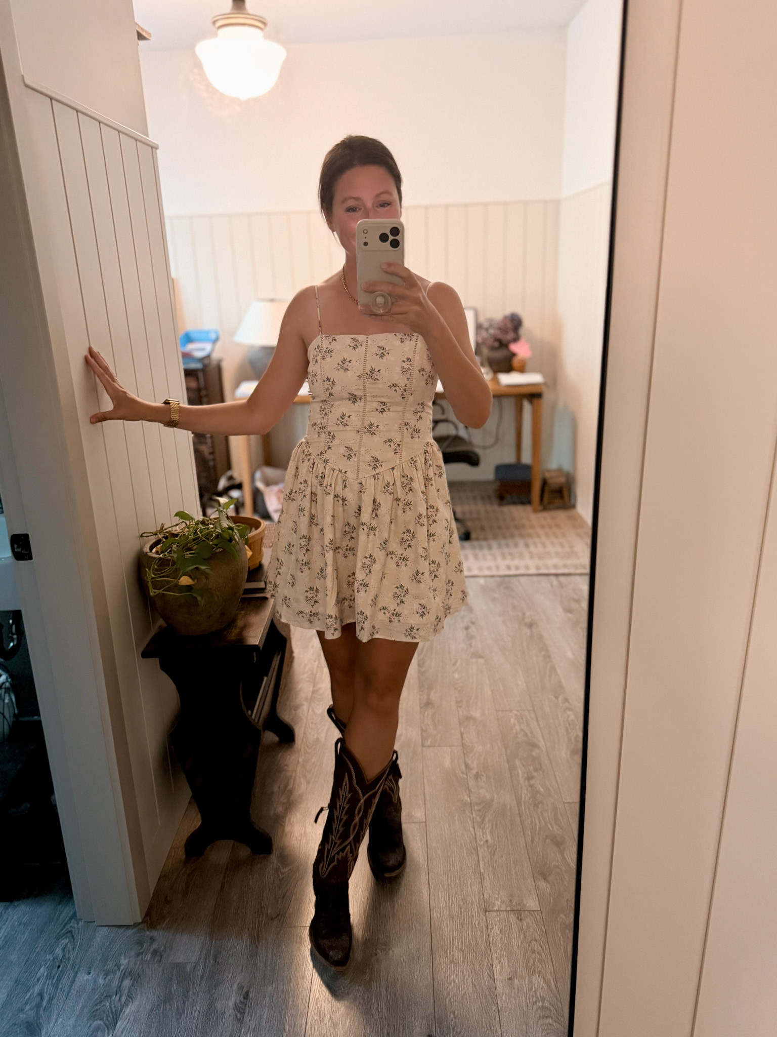 I found this dress on a random Target run and almost didn't try it on, but I'm so glad I did. 🎯 It's the Wild Fable Fit and Flare Basque Mini Dress in cream floral, and it's currently marked down to $29.75 from $35. The square neckline and basque waist make it feel a lot more put together than a typical Target dress, and the lace-insert details are such a nice touch. I paired it with my cowboy boots for a country concert, but this would also be so cute with white sneakers or sandals depending on the weather. Linking both here so you can shop the dress while it’s on sale! I’m wearing a small.

#LTKsummer #LTKdresses #LTKstyletip