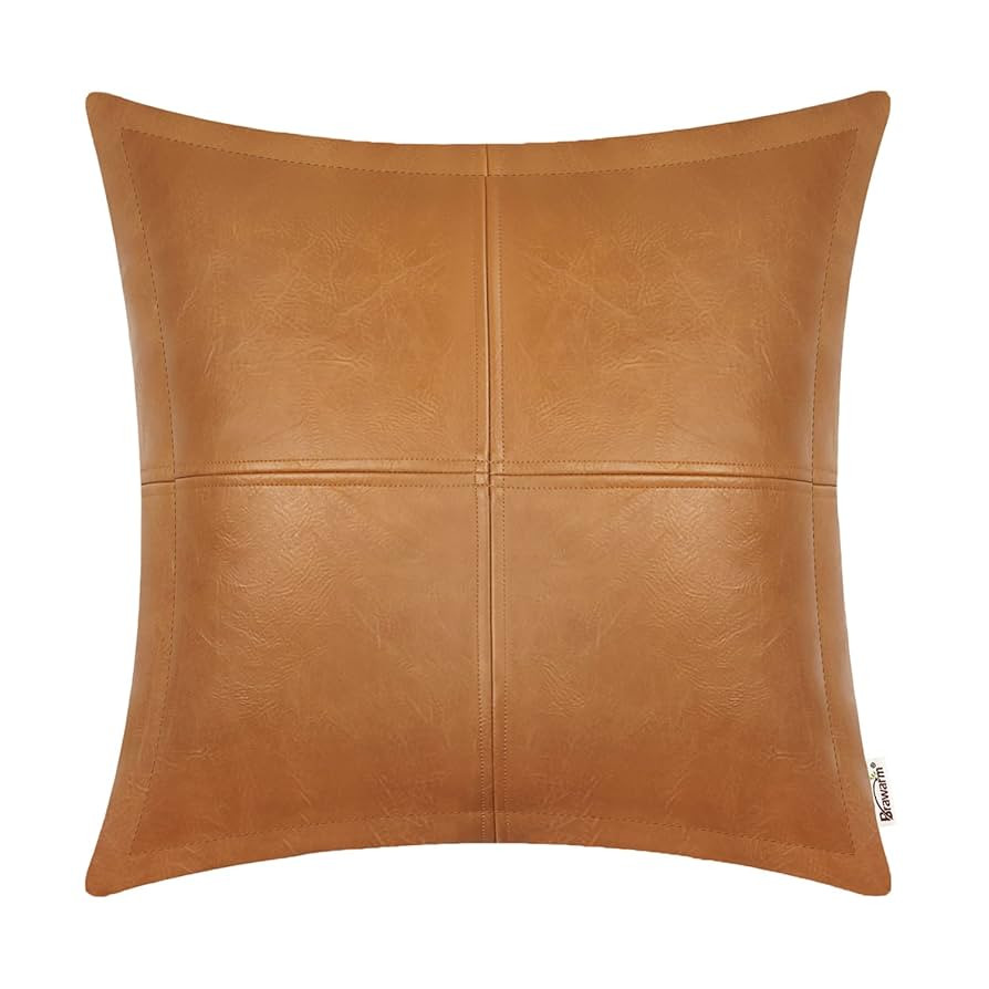 BRAWARM Tan Leather Throw Pillow 22 X 22 Inches - Faux Leather Pillow Cover with Piping, Hand Sti... | Amazon (US)