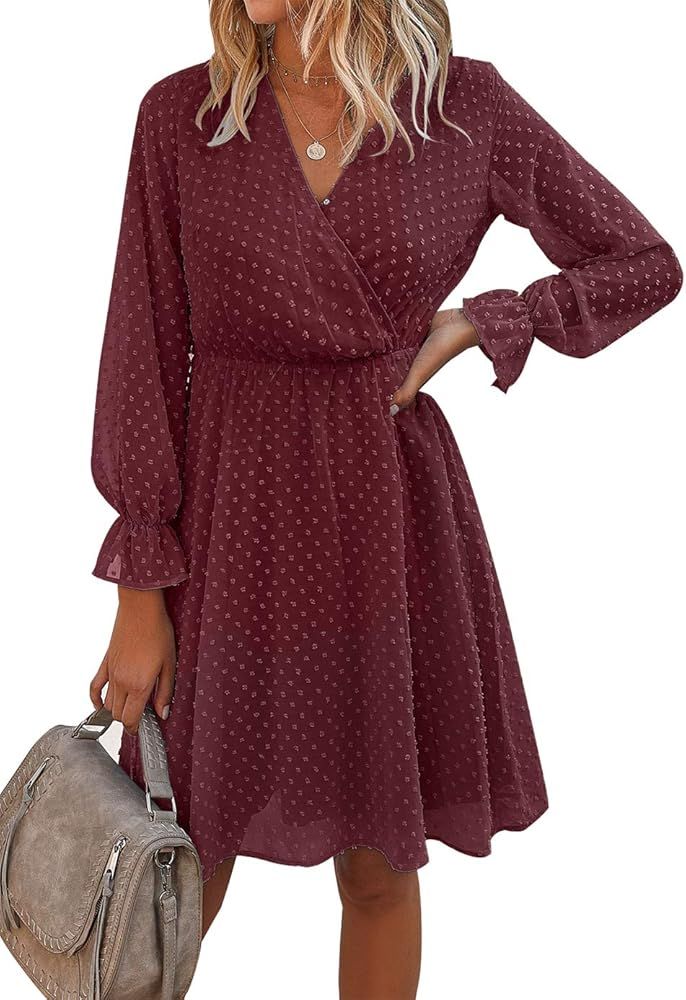 BTFBM Women Long Sleeve Dresses Faux Wrap Sexy V-Neck Swiss Dot Print Vintage A-Line Casual Solid... | Amazon (US)