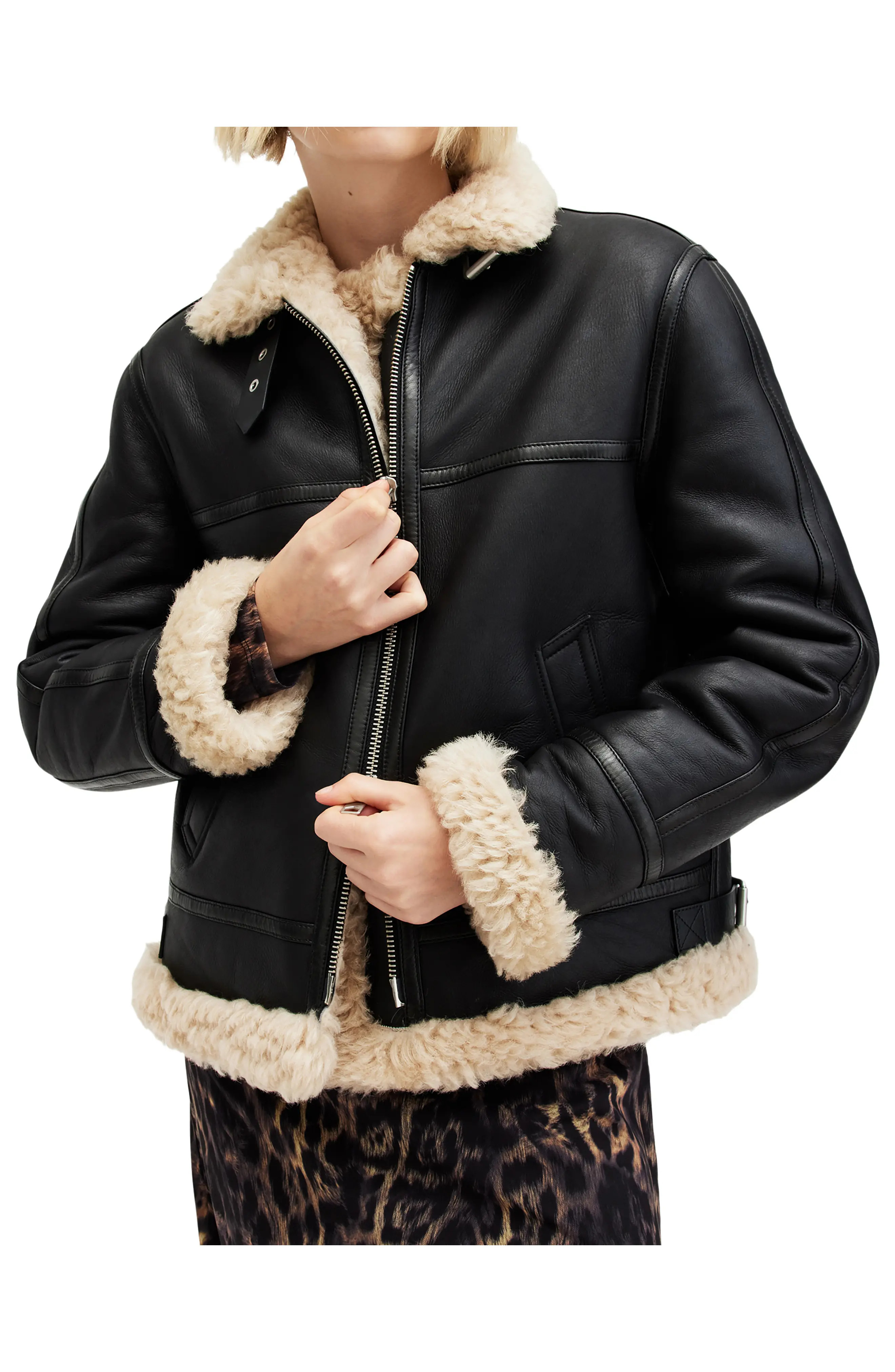AllSaints Lorel Leather & Genuine Shearling Flying Jacket in Black at Nordstrom, Size Large | Nordstrom