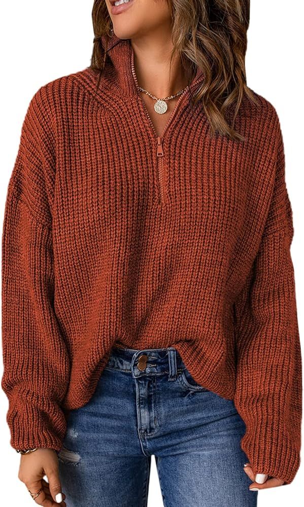 Dokotoo Women's Long Sleeve 1/4 Zip Pullover Sweaters Casual Solid V Neck Loose Slouchy Knit Jumper  | Amazon (US)