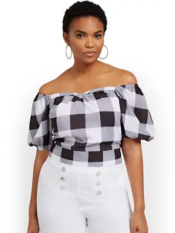Plaid Off-The-Shoulder Tie-Back Blouse - New York & Company | New York & Company
