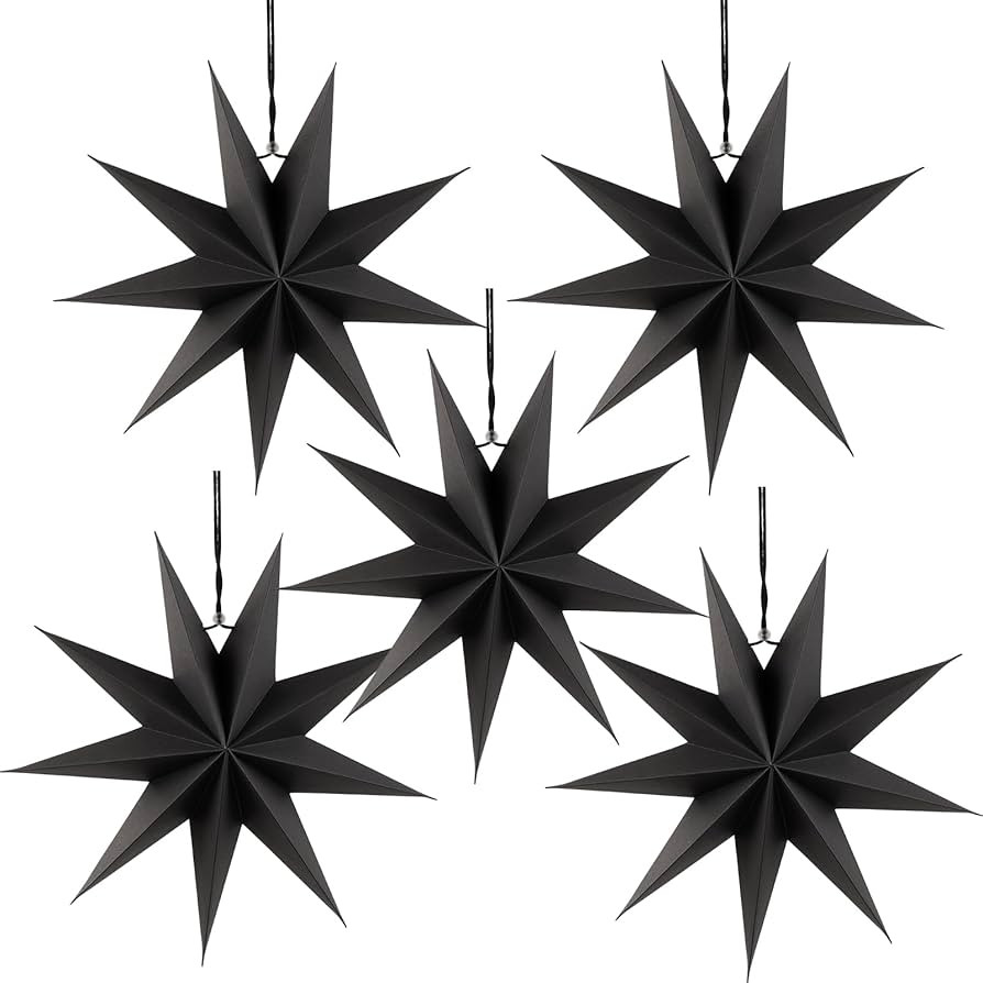 SUNBEAUTY 5 Pcs 9-Pointed Black Paper Star Lanterns 12 Inch Hanging Lamp Black Paper Funeral Deco... | Amazon (US)