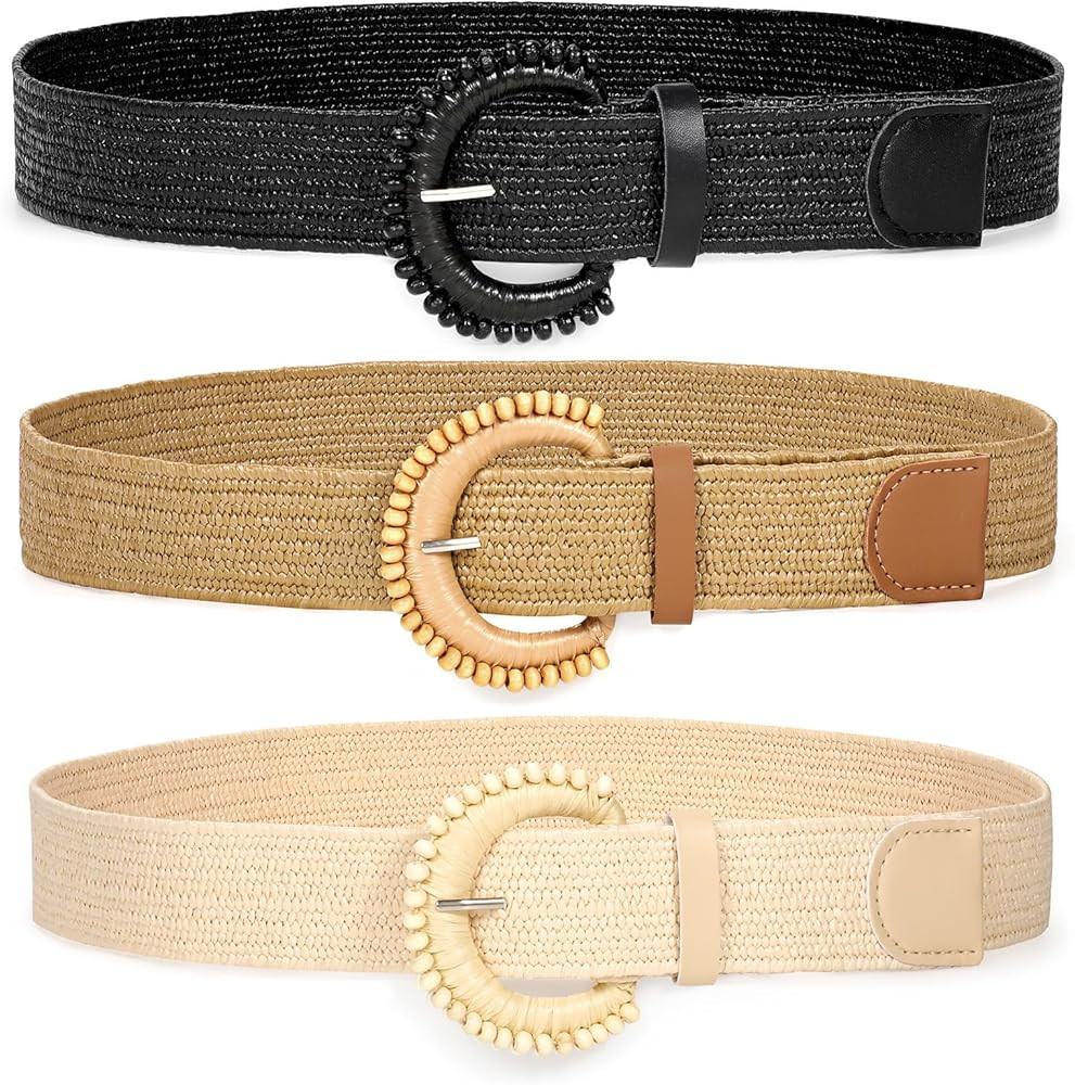 WHIPPY 3 Packs Women Straw Woven Elastic Stretch Waist Belts Fashion Boho Braided Skinny Ladies D... | Amazon (US)