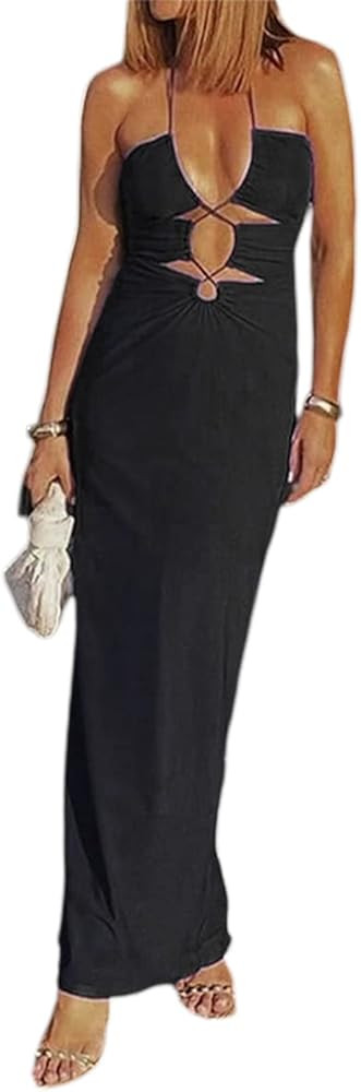 Thaisu Women Hollow Out Long Dress Backless V Neck Maxi Dress Spaghetti Strap Dresses Bodycon Par... | Amazon (US)