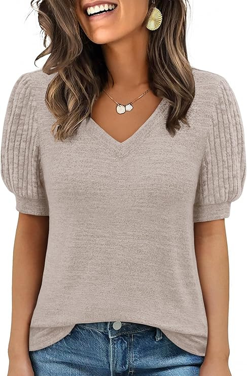 ANRABESS Womens Tops Short Ribbed Sleeve Sweaters Dressy Casual V Neck Summer Shirts 2026 Spring ... | Amazon (US)