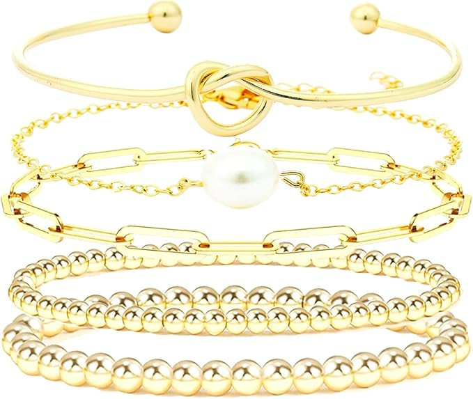 Beaded Bracelet for Women Colorful Beaded Bracelet Gold Beads Strand Stretch Bracelet Set Stackin... | Amazon (US)