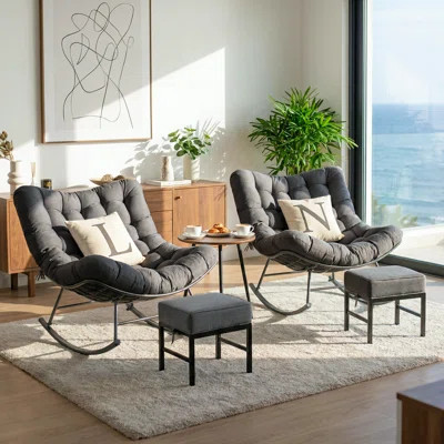 Oversized Cushioned Outdoor Rocking Chair And Small Ottoman Set Of 2 | Wayfair North America