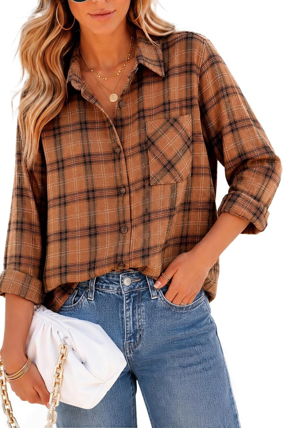 CHYRII Womens Oversized Flannel Shirts Button Down Long Sleeve Plaid Shirt Business Casual Blouse Top | Amazon (US)