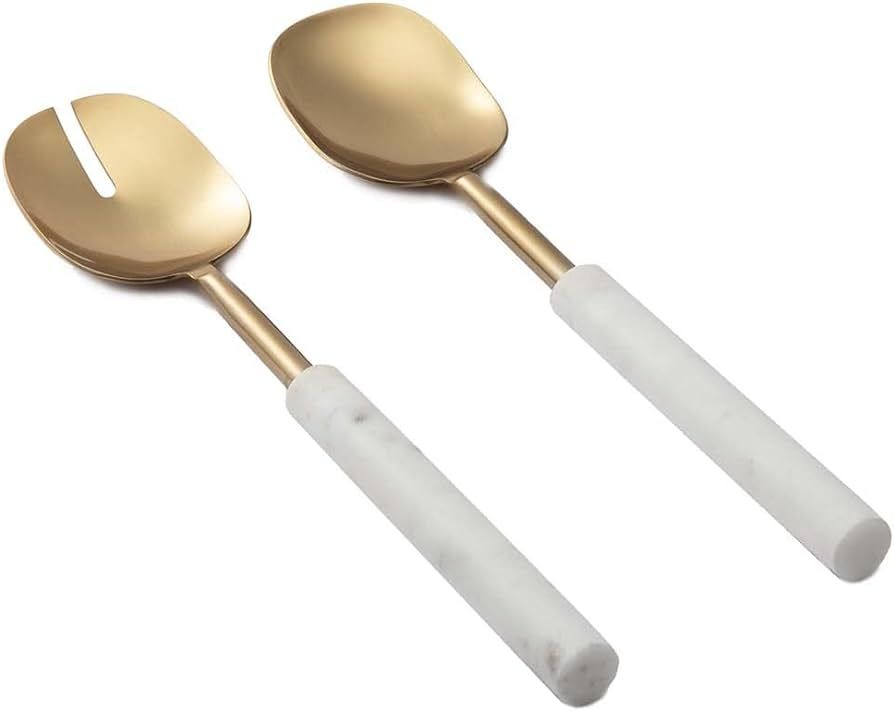 Thirstystone Set of 2 Large Gold Salad Serving Utensils with Natural White Marble Handles Works t... | Amazon (US)