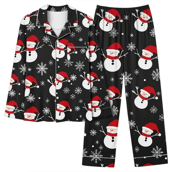 Lorytime Cute Christmas Pjs Sets for Women Snowman Long Sleeved Collared Tops Elastic Waist Pants... | Walmart (US)