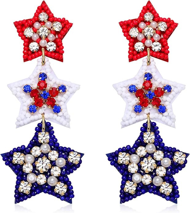 FAERLIIRY American Flag Earrings 4th of July Beaded Earrings for Women Red White Blue Tiered Trip... | Amazon (US)