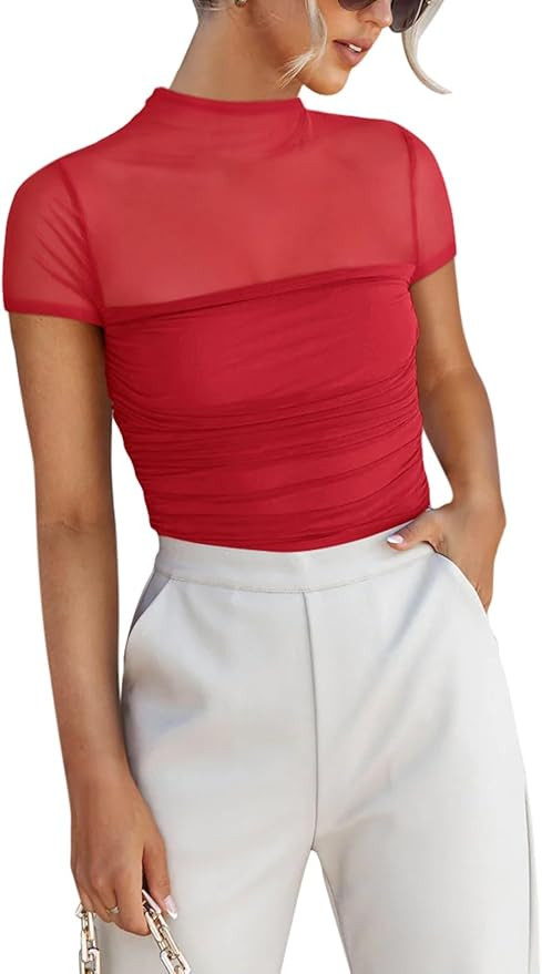 REORIA Women's Sexy Mock Turtle Neck Short Sleeve Shirts Sheer Mesh Ruched Trendy Going Out Bodys... | Amazon (US)