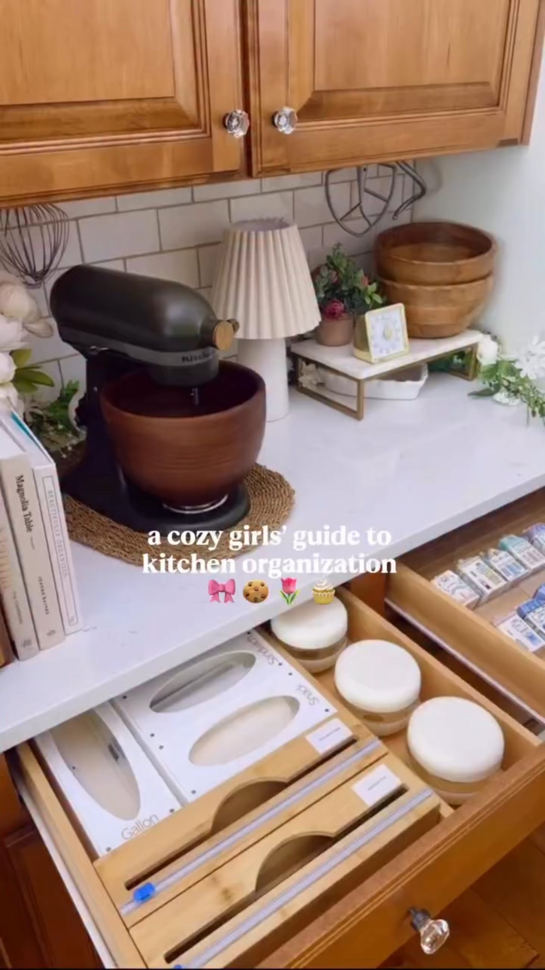 Full ASMR kitchen organization & meal prep station 🎀🍪🌷🧁! EVERYTHING is on my LTK & AMZ Storefront under the “Kitchen Organization” category! #kitchenorganization #kitcheninspiration #kitchenstyling #homeorganizing #homeorganization 
✨
Organization ideas, meal prep station, drawer organization, organization tips, organize with me, kitchen counters, kitchenaid, home organization ideas