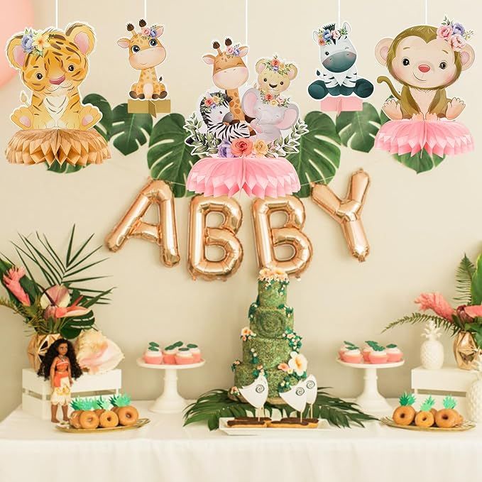 12Pcs Floral Safari Animals Party Honeycomb Centerpieces, Pink Jungle Animals Baby Shower Party D... | Amazon (US)