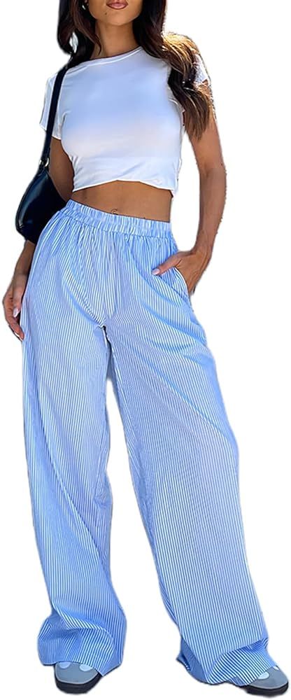 Women Y2k Striped Print Pants Casual Loose Fit High Waist Drawstring Wide Leg Pop Pants Vintage S... | Amazon (US)