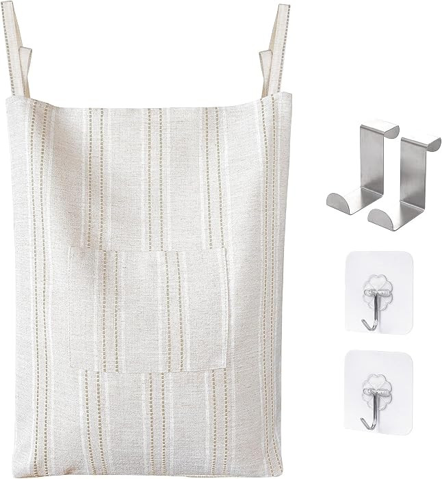 Farmhouse Hanging Laundry Hamper with 2 Hooks, Boho Beige & Brown Stripes Laundry Bag with Zipper... | Amazon (US)