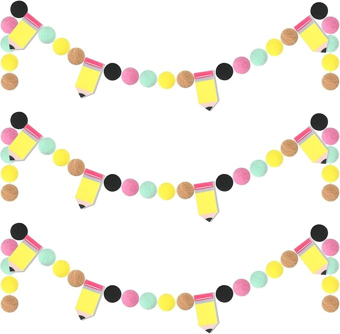 Rtteri 3 Pcs Pencil Felt Garland Pencil Classroom Decor Back to School Decorations Pom Pom Garlan... | Amazon (US)