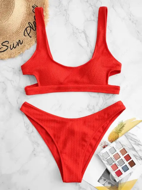 / Swimwear / Bikinis / Bikini Sets / ZAFUL Textured Cutout High Cut Bikini Swimsuit | ZAFUL (Global)