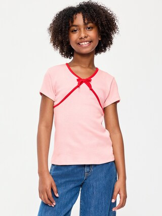 Fitted Short-Sleeve Ribbed Bow Top for Girls | Old Navy (US)
