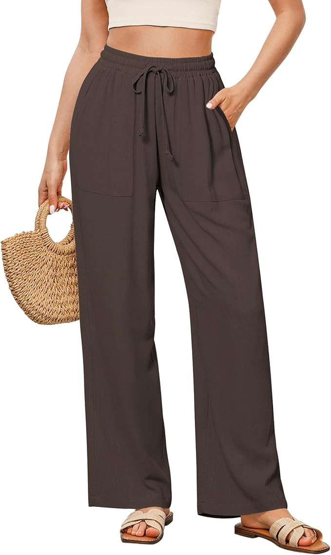 GRAPENT Linen Pants for Women Wide Leg High Waisted Baggy Drawstring Elastic Waist Palazzo Trouse... | Amazon (US)
