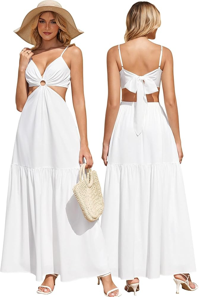 KUTUMAI Floral Maxi Sundress V Neck Cut Out Boho Beach Party Long Dress Bow Tie Flowy Dresses for... | Amazon (US)