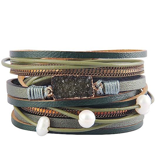 AZORA Leather Wrap Bracelet for Women Multi Layer Druzy Stone Cuff Bracelets with Magnet Clasp Gi... | Amazon (US)